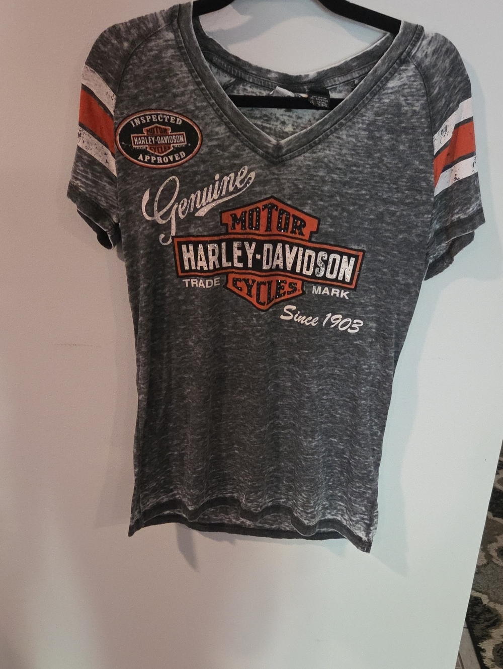 Harley-Davidson Charcoal Gray Tee with Orange and White W/rhinestone accents.